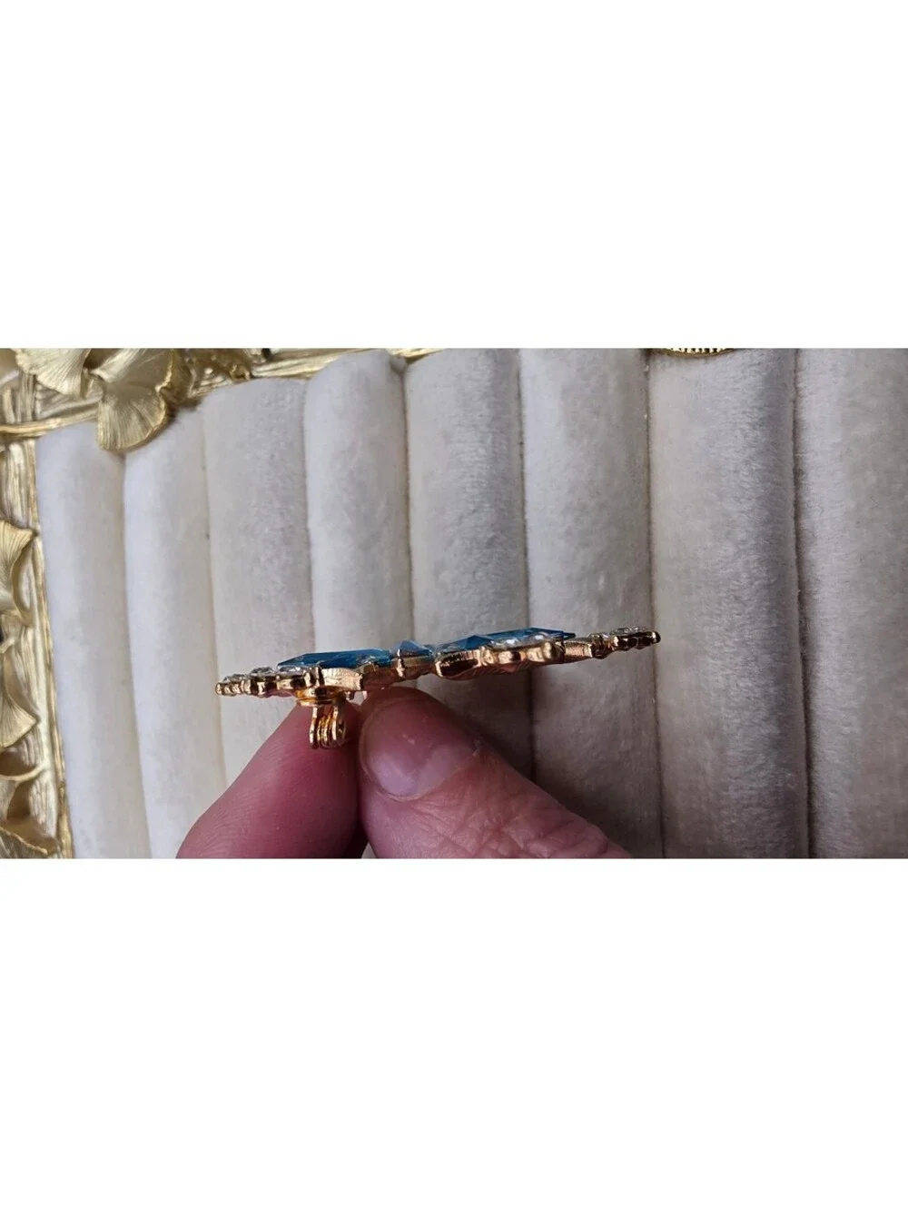 14k Gold Plated Blue Rhinestone Snowflake Brooch